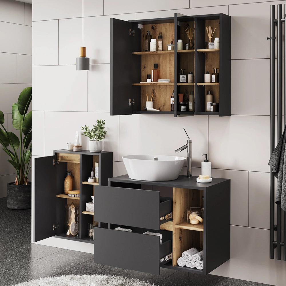 Set di mobili per il bagno Viola Grigio/Rovere artigianale 3 parti Vicco