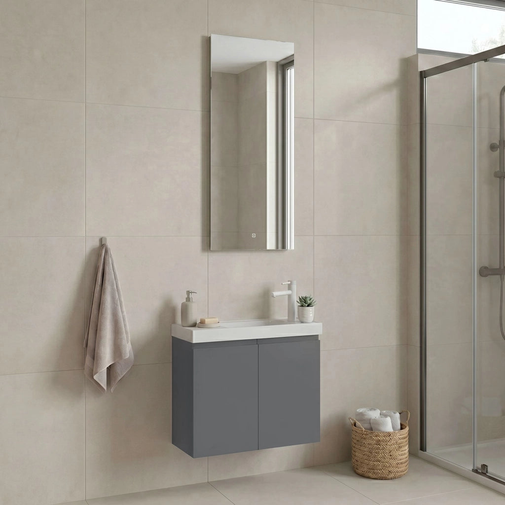 Set mobile lavabo con specchio (2 pezzi) "Ferla 60" - 60 x 22 x 50 cm - Grigio opaco