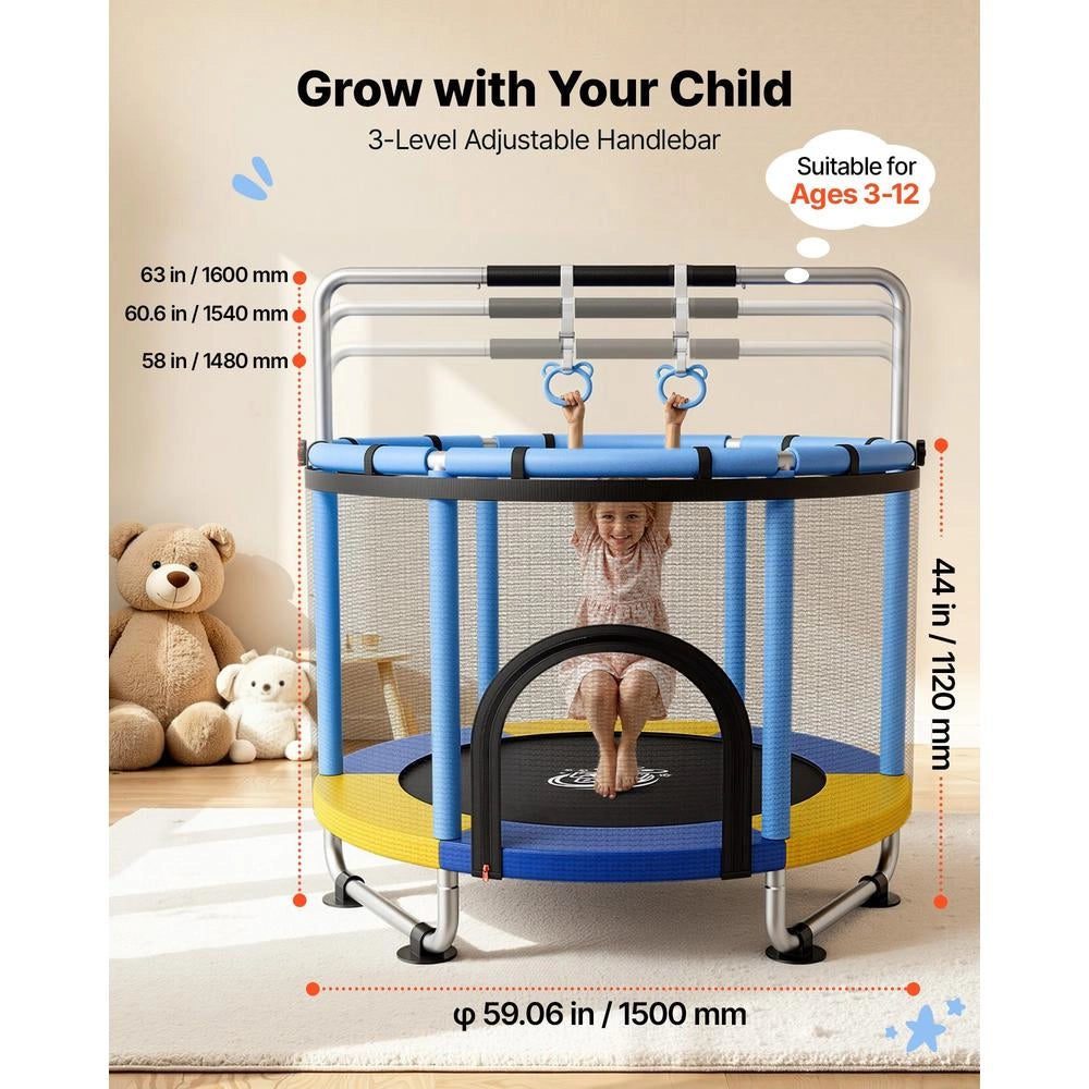 Trampolino Elastico Bambini 60kg Rete Protezione Mini Tappeto PVC Manubrio 3 Livelli per 3-12 Anni