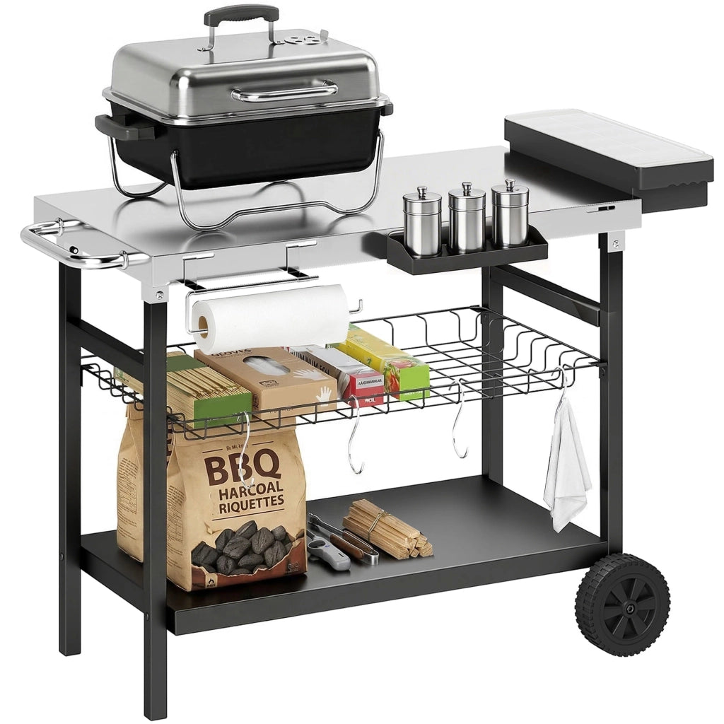 Carrello Barbecue da Esterno ¨C Xylo ¨C Piano Acciaio Inossidabile con Ganci e Porta Spezie Nero