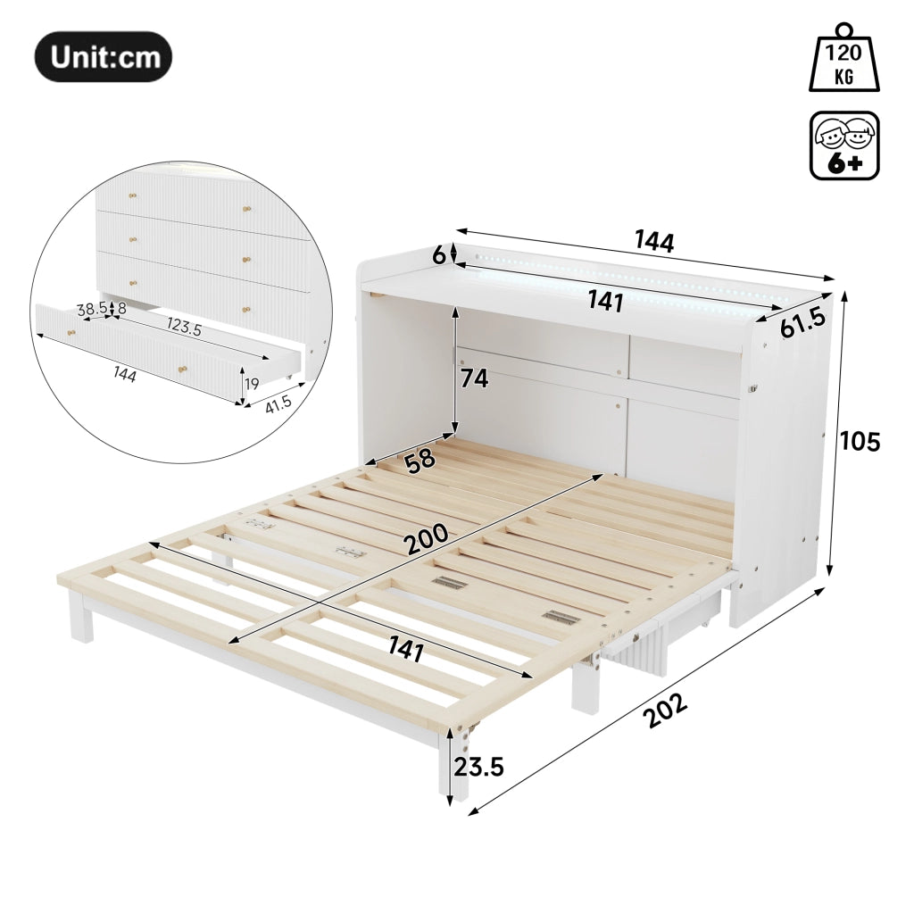 Letto a Scomparsa con Cassetti, LED e Presa USB ¨C MINIMAL ¨C Bianco 140x200