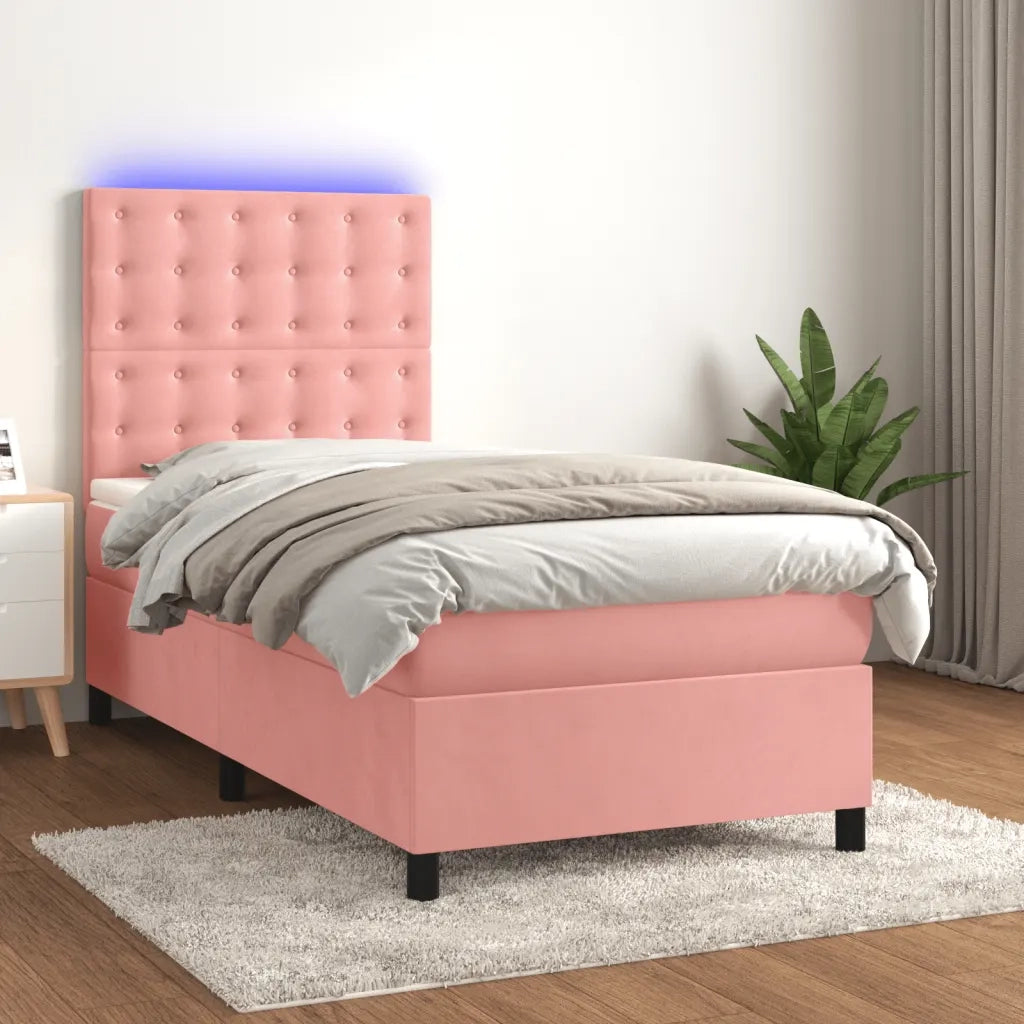 Letto a Molle con Materasso e LED-Struttura Letto con Materasso Rosa 90x190 cm in Velluto 890616