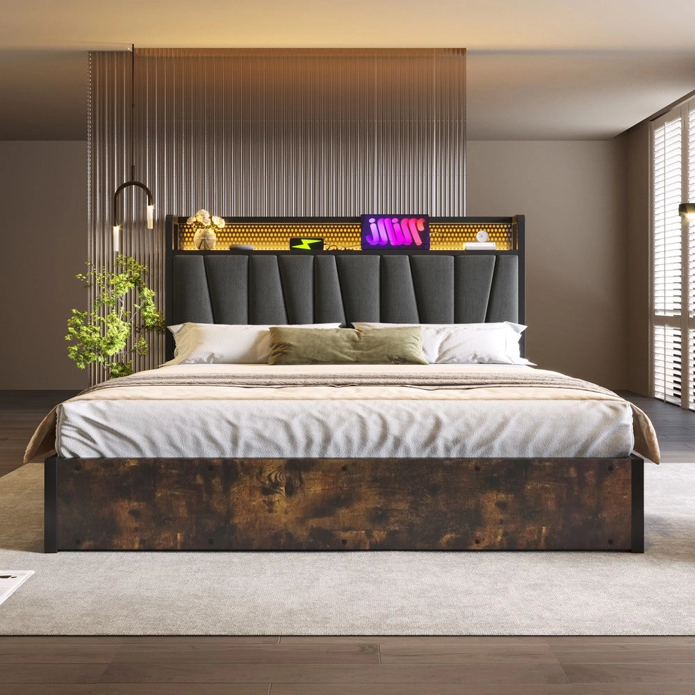 Letto Matrimoniale Imbottito con LED e USB ¨C MINIMAL ¨C Metallo Grigio 180x200