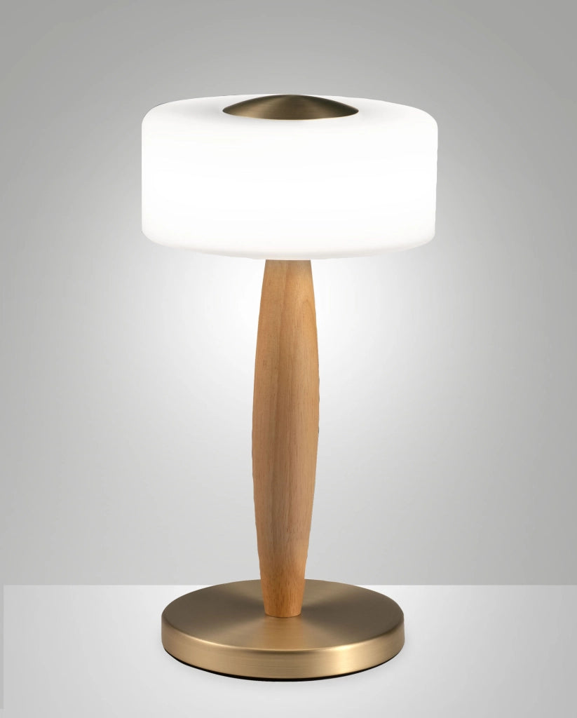 Lampada da tavolo Elea LED 8W 860lm 3000K, Struttura in metallo, legno e vetro soffiato con regolazione luce al tocco, Colore Ottone satinato - Elea