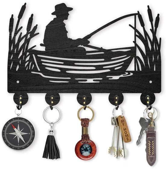 Sostegno per Chiavi in Legno di una Barca da Pesca - 5 Ganci - Nero - 30 x 20 cm - Design Marittimo - Ganci