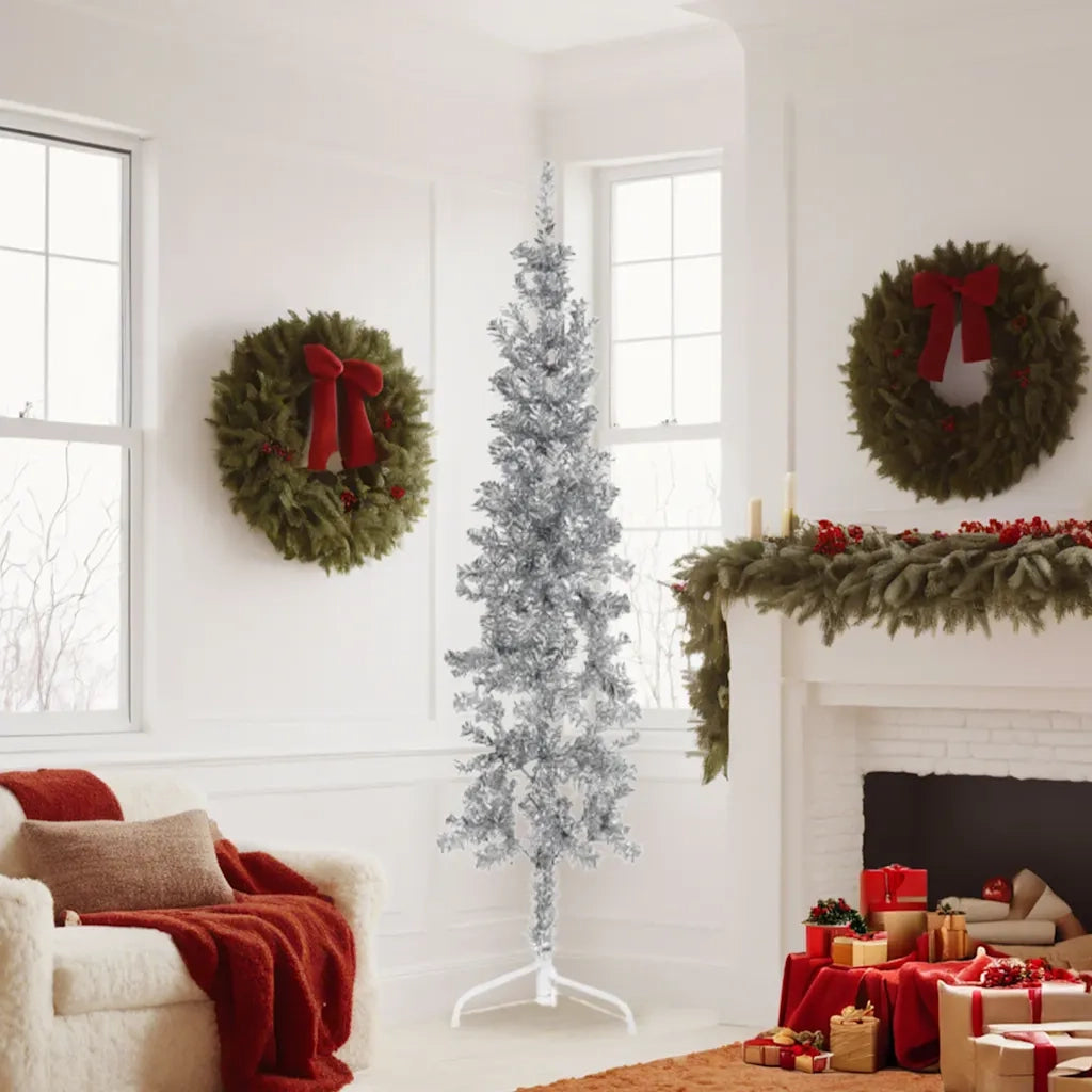 Albero Natale Artificiale Sottile a Metà Supporto Argento 180cm 344596