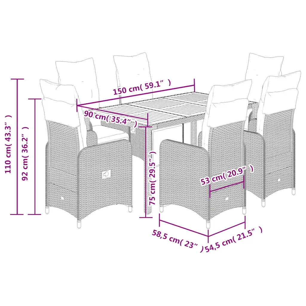 Set Bistrò da Giardino 7 pz con Cuscini in Polyrattan Grigio 3277160