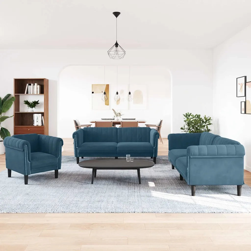 Set di Divani 3 pz Blu in Velluto