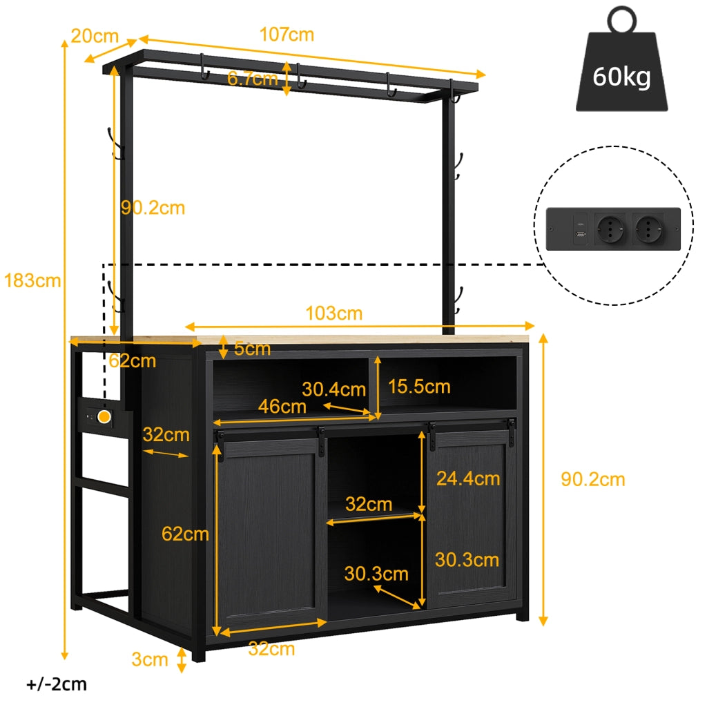 Colonna da cucina con prese elettriche, ripiani aperti e ante scorrevoli, MDF e metallo nero 107 × 62 × 183 cm