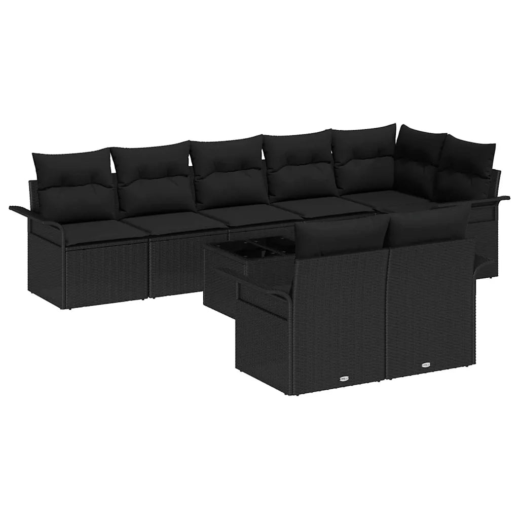 Set Divano da Giardino con cuscino 9 pcs Nero Poly Rattan