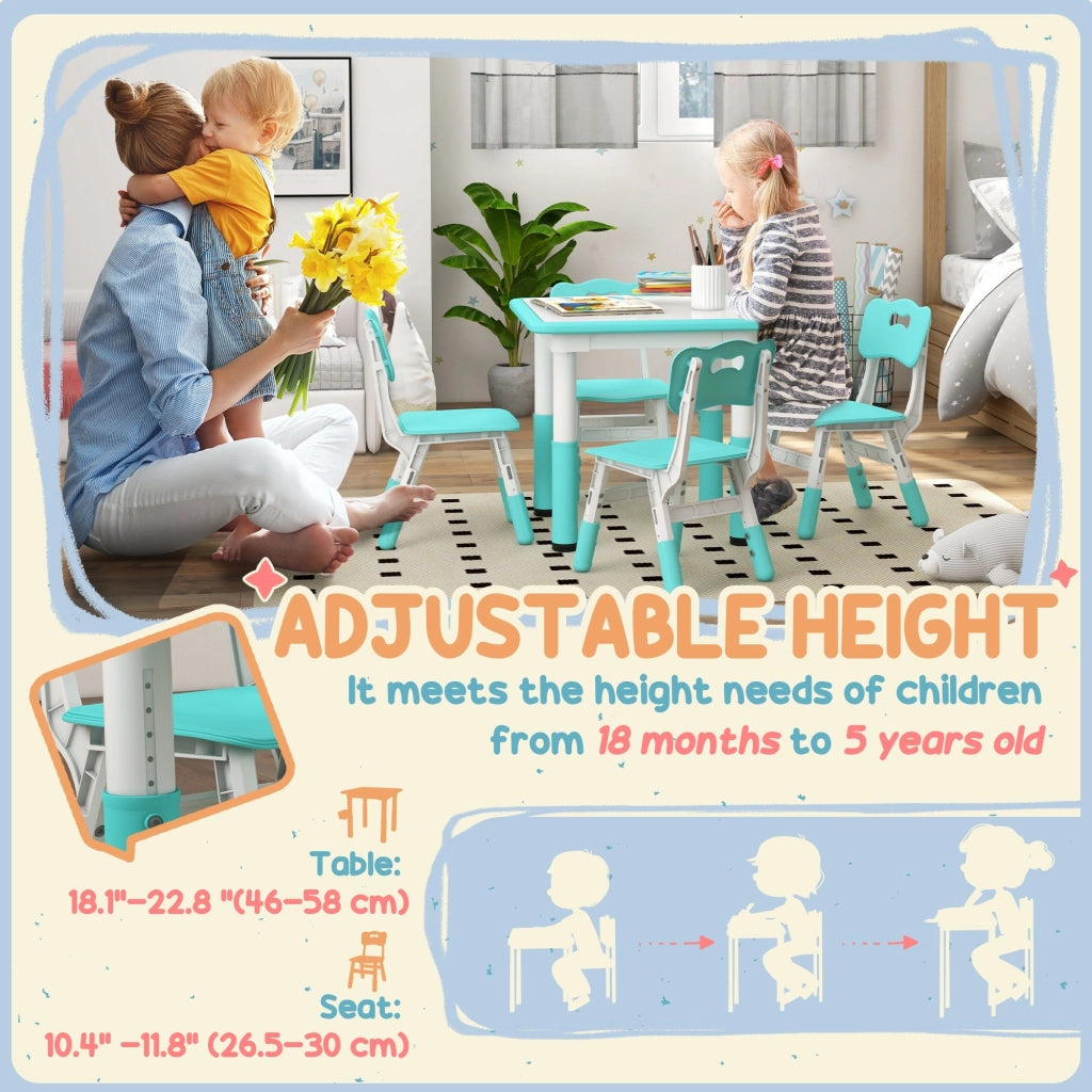 Set Tavolo con 4 Sedie per Bambini Altezza Regolabile Verde