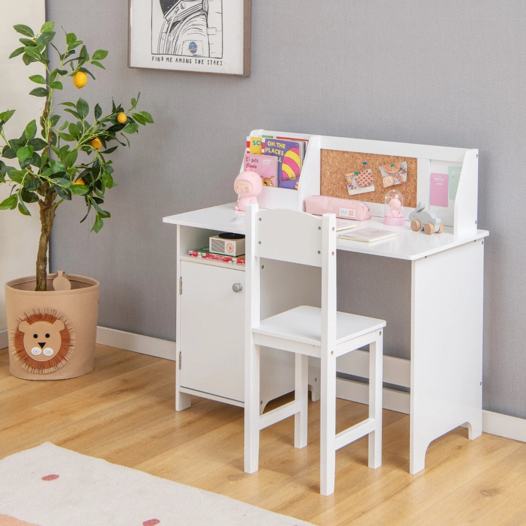 Set di scrivania e sedia per bambini in legno con scaffale armadietto bacheca, Postazione di scrittura Bianco
