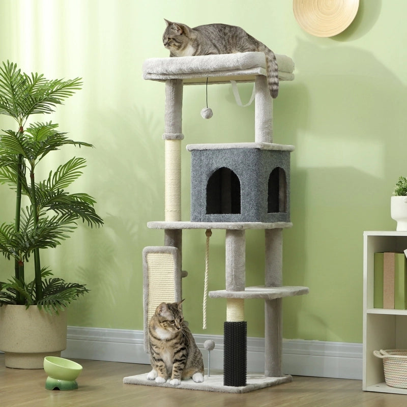 ALBERO RASCHIATOIO 132 cm con cuccia, casetta e piattaforme, grigio chiaro