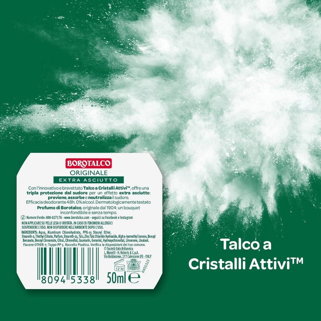 BOROTALCO ROLL-ON 50 ML FORMULA SENZA ALCOOL EFFICACIA FRESCA 48H TALCO CRISTALLI ATTIVI