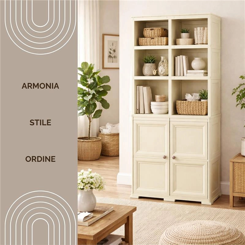 ARMADIO 2 MODULI CHIUSI E 3 MODULI SCAFFALE ANGORA 79X43X203 CM, MOBILE CONTENITORE MULTIUSO ALTO PER SALOTTO, PERGOLATO E BALCONE COPERTO