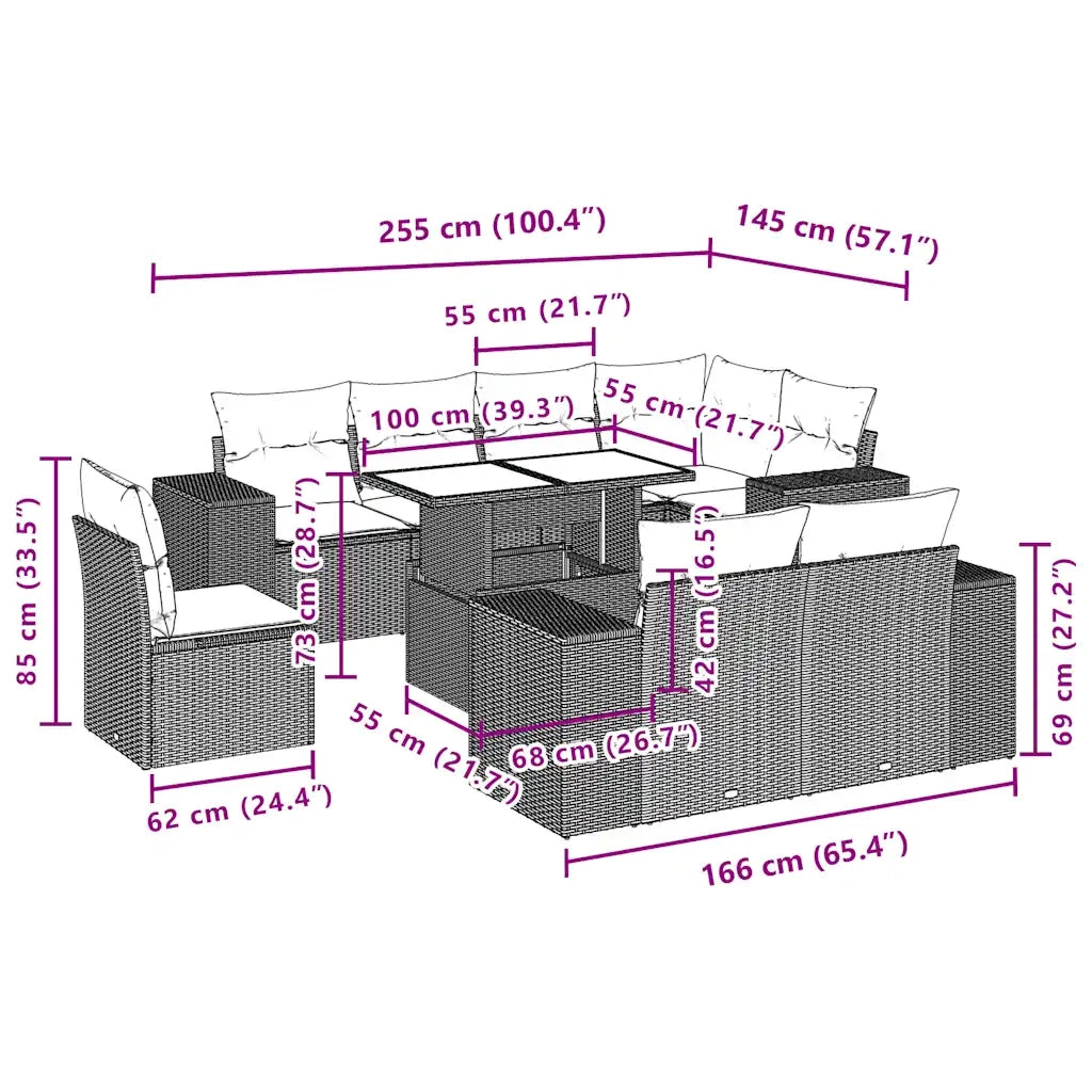 Set Divani da Giardino 9pz con Cuscini Marrone in Polyrattan 3269303