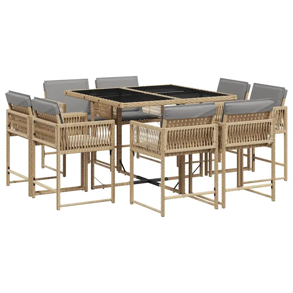 Set Pranzo da Giardino 9 pz con Cuscini Beige Misto Polyrattan