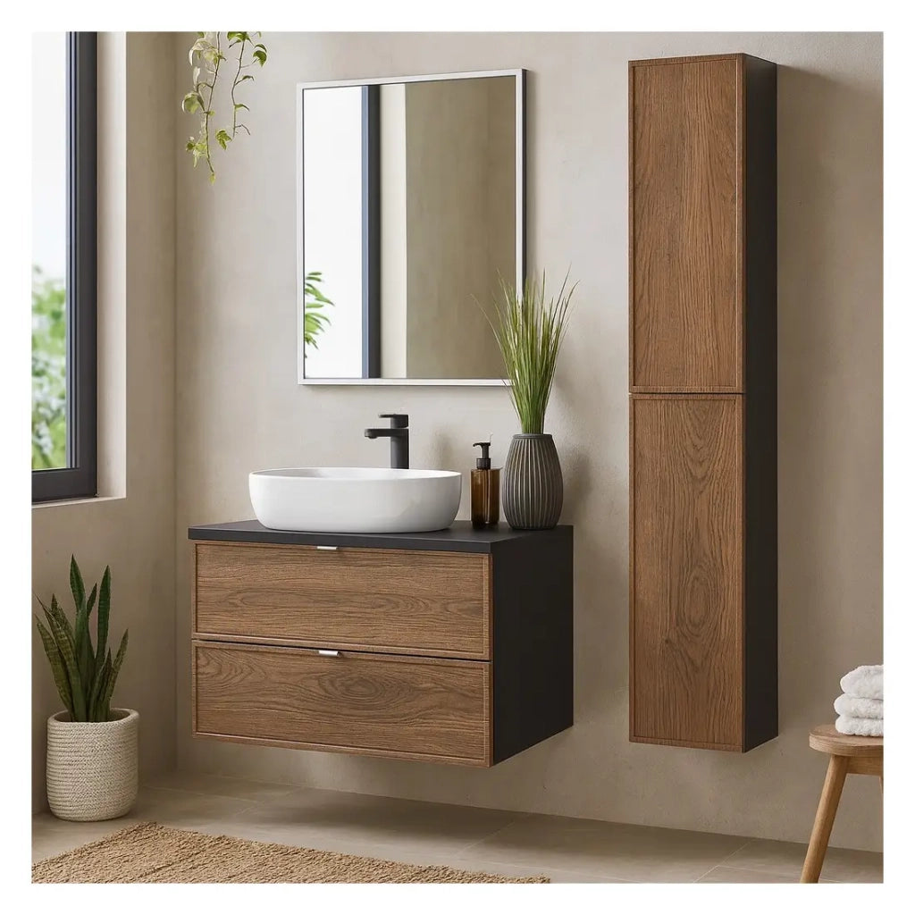 Set SAVIA: mobile sottolavabo 80cm + lavabo da appoggio bianco + specchio LED + mobili contenitori