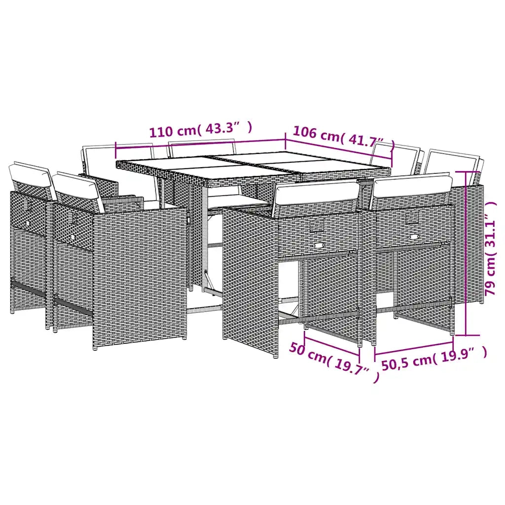 Set da Pranzo da Giardino 9 pz con Cuscini in Polyrattan Grigio 3211196