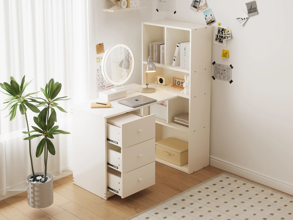 Scrivania angolare con libreria 117 ¡Á 63 ¡Á 135 cm, 4 ripiani e 3 cassetti, bianco
