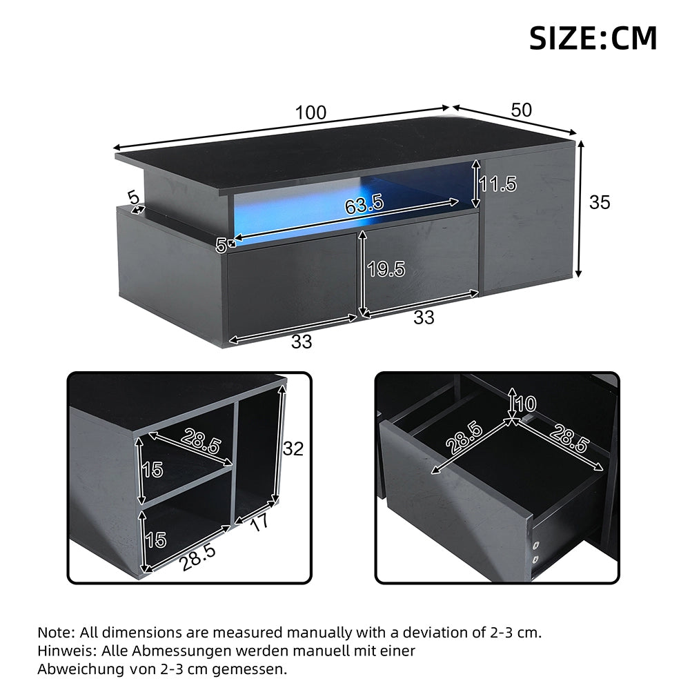 Tavolino-Xylo-100x50x35cm nero 2 cassetti LED capacit?? 60kg
