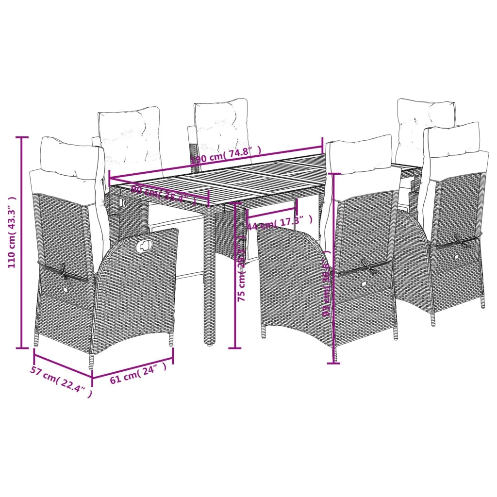 Set da Pranzo da Giardino 7 pz Nero con Cuscini in Polyrattan 3213100