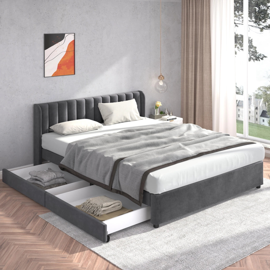 LETTO 180x200 cm in velluto grigio con rete a doghe e 2 cassetti