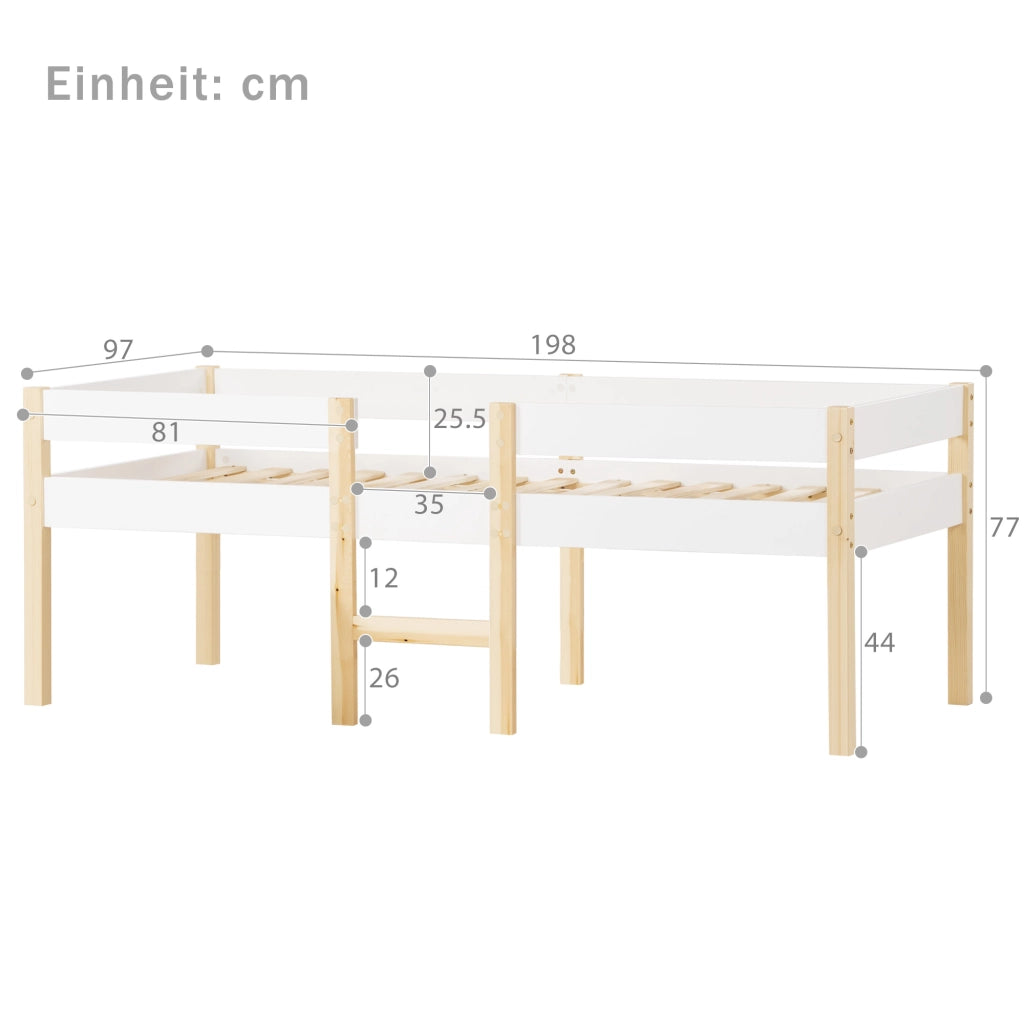 Letto singolo per bambini 90x190 cm con sponda anticaduta; struttura in pino massello; bianco e rovere