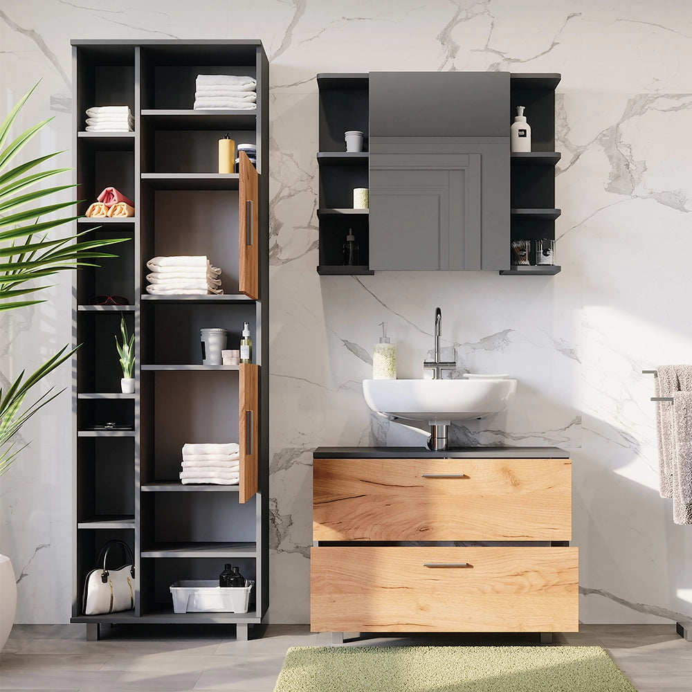 Vicco Set di mobili da bagno Quercia dorata/antracite 3 parti, con colonna