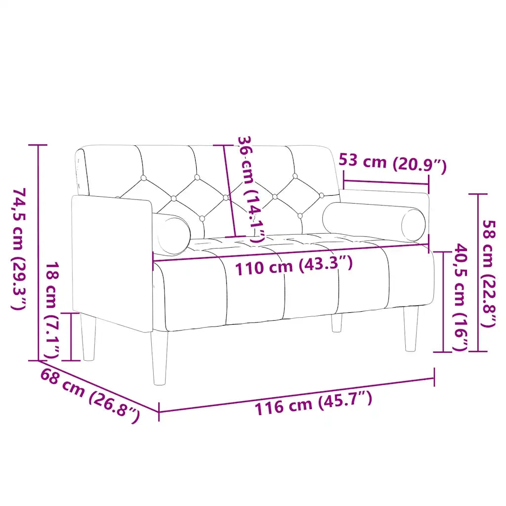 Divano Divanetto con Cuscini-Sofa Bolster Crema 110 cm Velluto