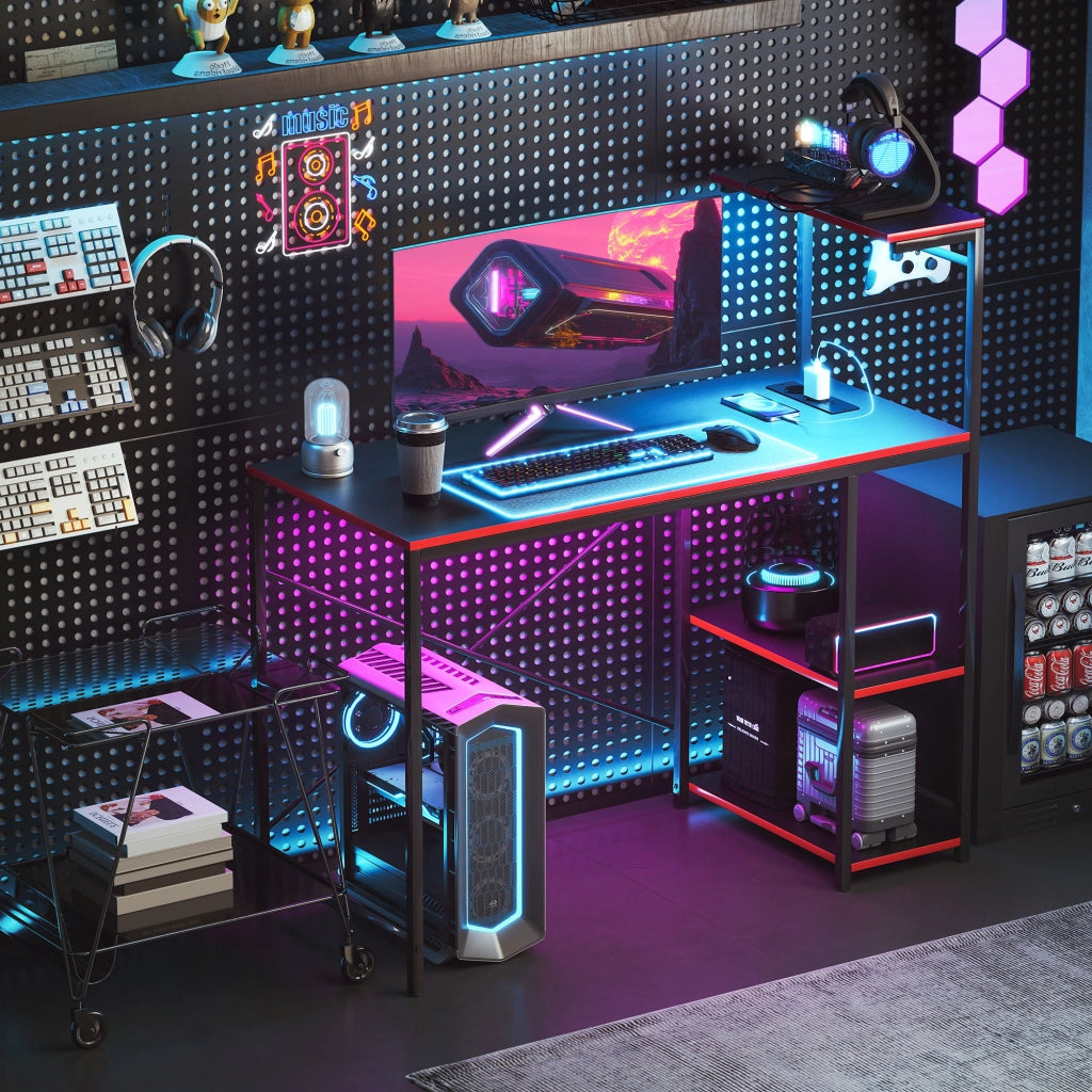 Scrivania Gaming con LED e Ripiani ¨C Zephmum ¨C Nero 110x50x75 cm