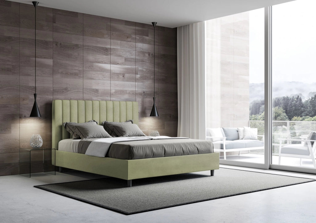 BS COM Letto queen size contenitore imbottito 150x190 microfibra tè verde