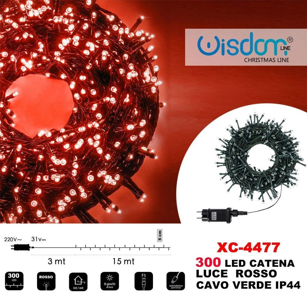 Trade Shop - Catena Luminosa 300 Luci Led Lucciole Luce Rosso Cavo Verde Ip44 Xc-4477 -