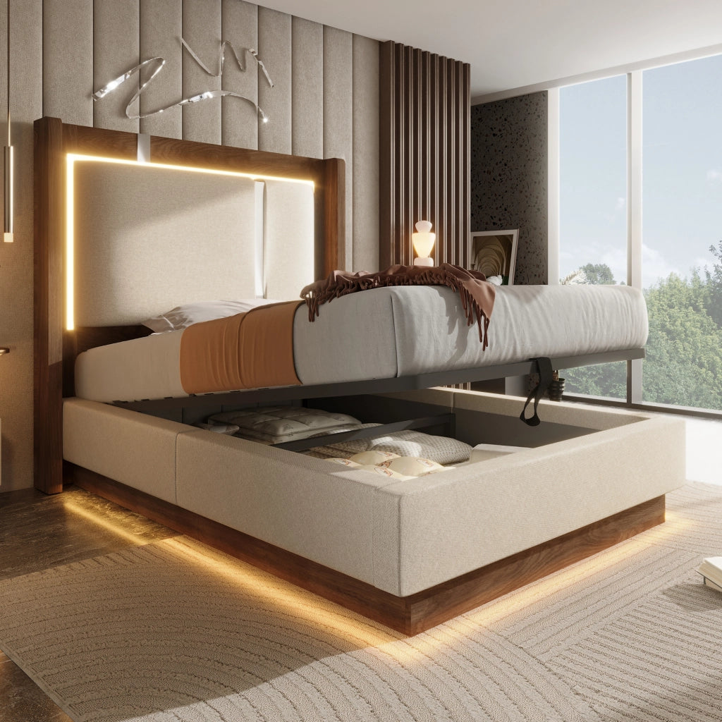 LETTO 90x200 cm con LED, contenitore idraulico, lino beige e noce