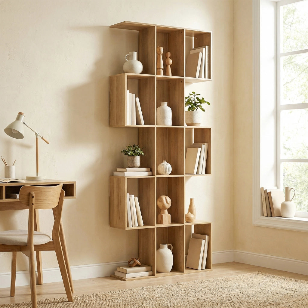 Libreria a 5 livelli forma S ¨C Xylo ¨C 15 scomparti aperti legno quercia 80x24x200cm
