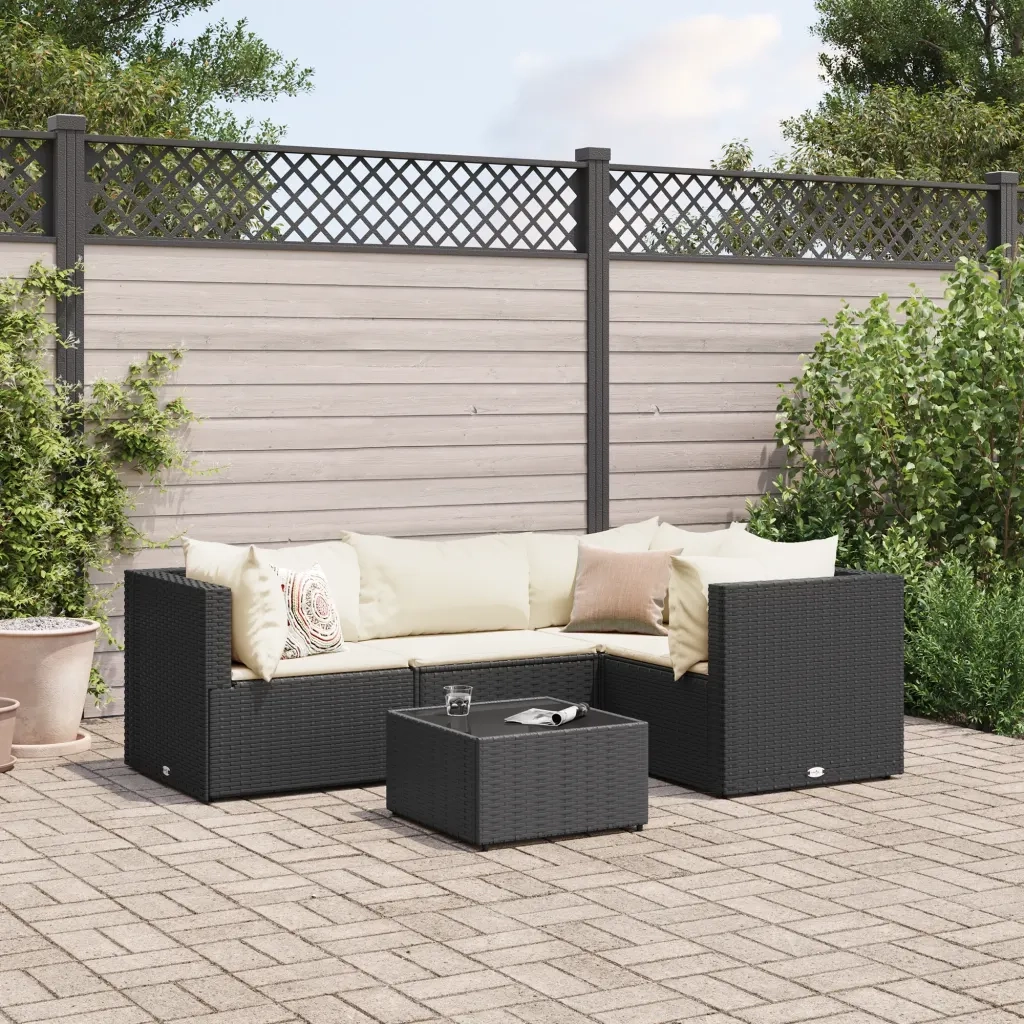 Set Divani da Giardino 5 pz con Cuscini Nero in Polyrattan