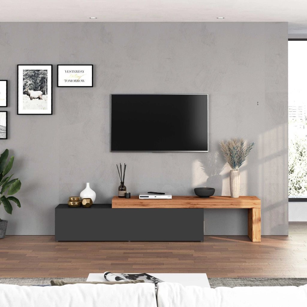 WHOUS Mobile porta tv Chronos estensibile con 1 anta a ribalta antracite/rovere 190/350x40x51 cm