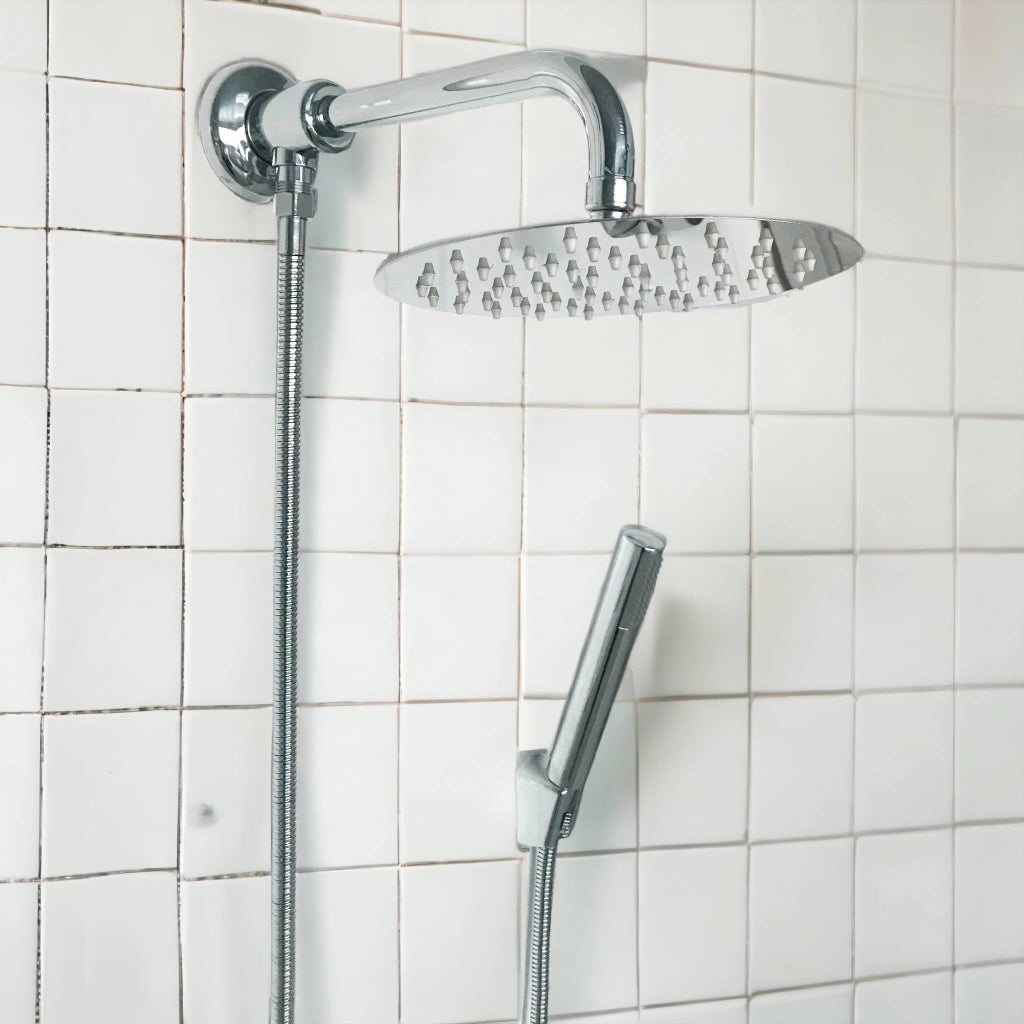 Kit set doccia deviatore a pressione con doccetta tonda, soffione 20 cm braccio 30 cm