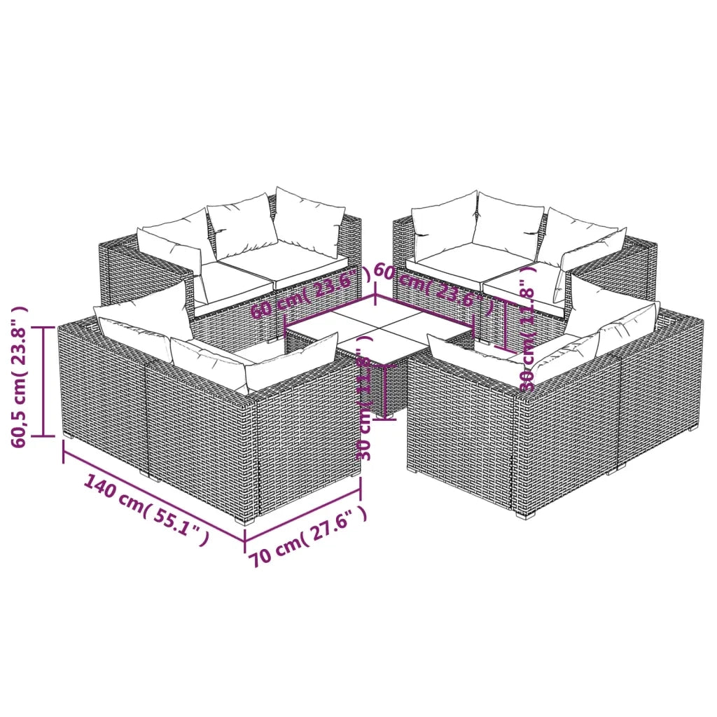 Set Divani da Giardino 9 pz con Cuscini in Polyrattan Grigio 3101565