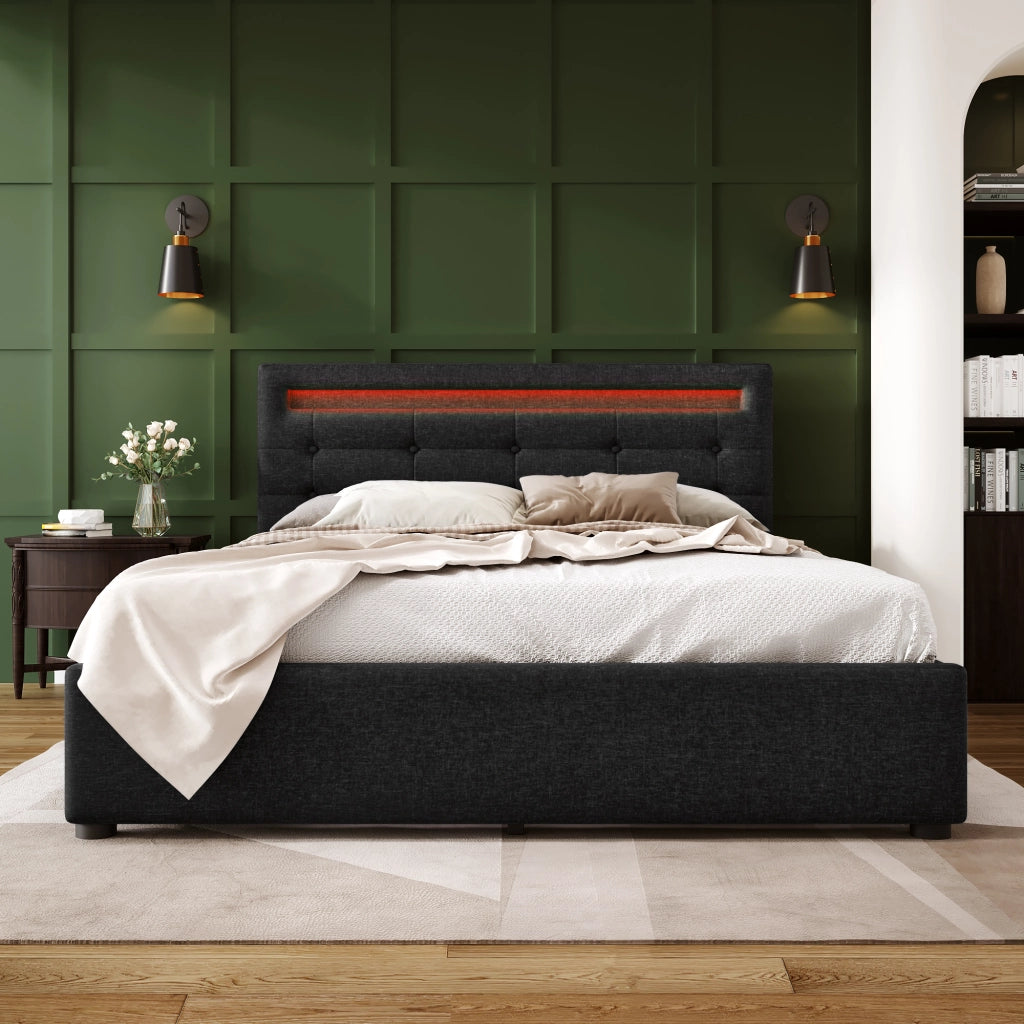 LETTO matrimoniale 140x200 cm in lino nero con LED e 4 cassetti