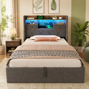 LETTO contenitore 90x200 cm in lino grigio con LED, USB e testiera con ripiano