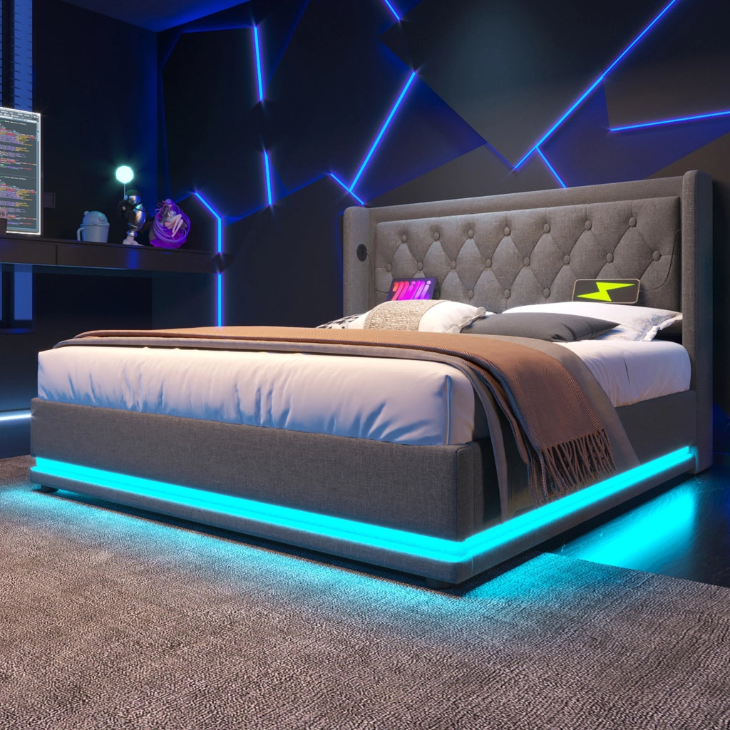 LETTO contenitore 140x200 cm grigio cotone con materasso, USB Type-C e LED