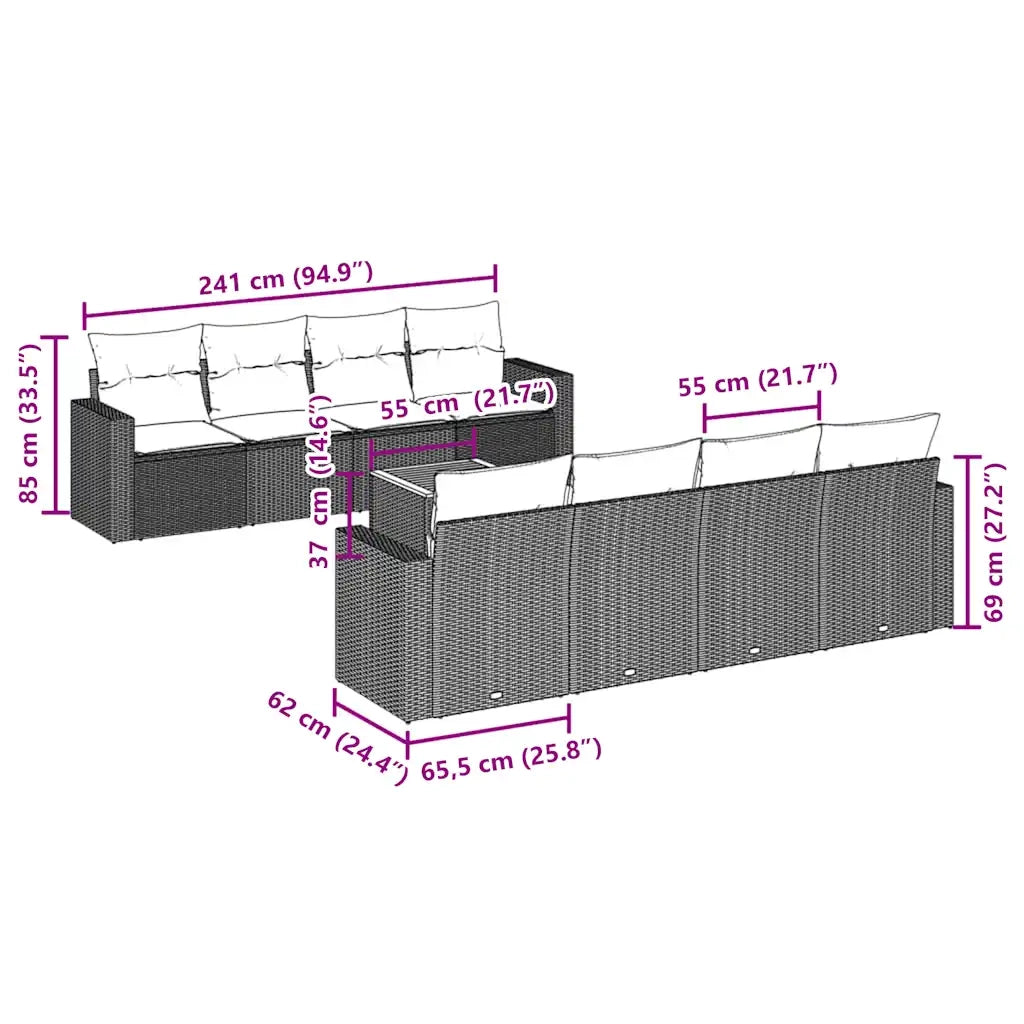 Set Divani da Giardino 9 pz con Cuscini Grigio in Polyrattan 3256376