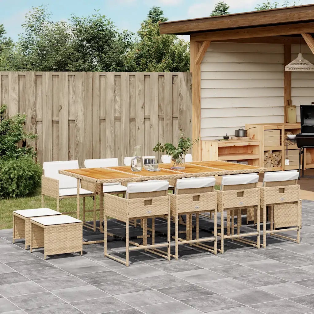 Set da Pranzo da Giardino 13 pz con Cuscini Beige in Polyrattan