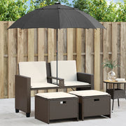 Divano Giardino 2 Posti-Sofa da Giardino-Divanetto da esterno Ombrellone e Sgabelli Marrone Polyrattan