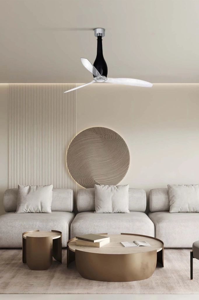 FARO Ventilatore da soffitto industriale con motore DC 6 velocita e funzione inversa telecomando incluso per ambienti 13-176 m² Acciaio e vetro Nero brillante-Trasparente FARO-32002