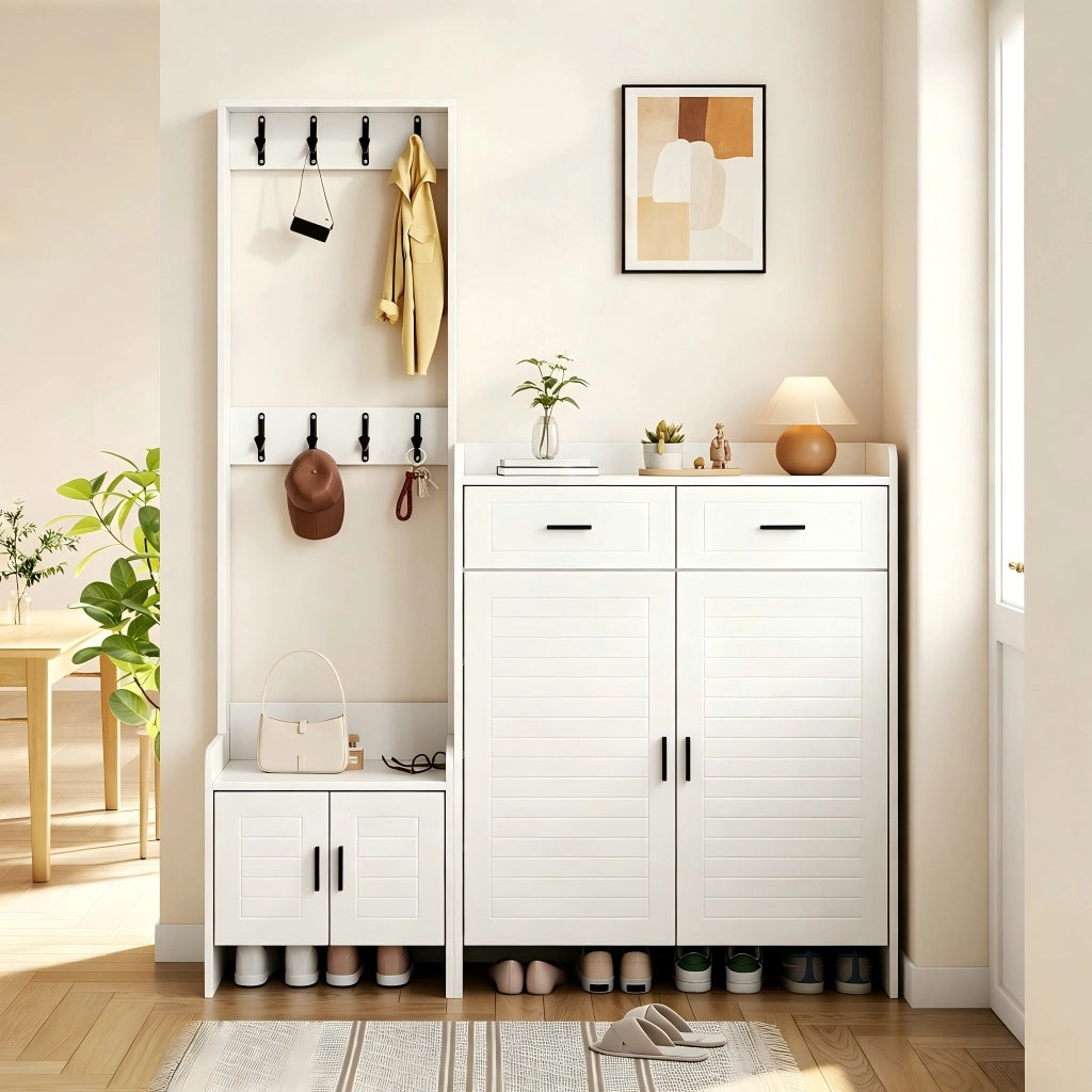 Combinazione di mobile da ingresso, appendiabiti e scarpiera, 2 cassetti, 8 ganci, 125 x 36 x 165 cm, bianco