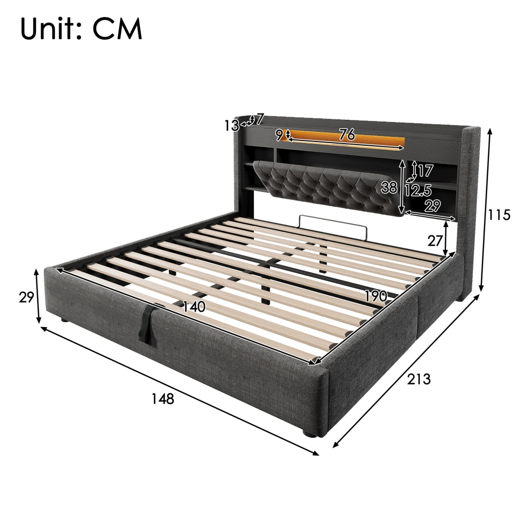 LETTO Contenitore 140x190 cm in lino grigio con LED e porte USB