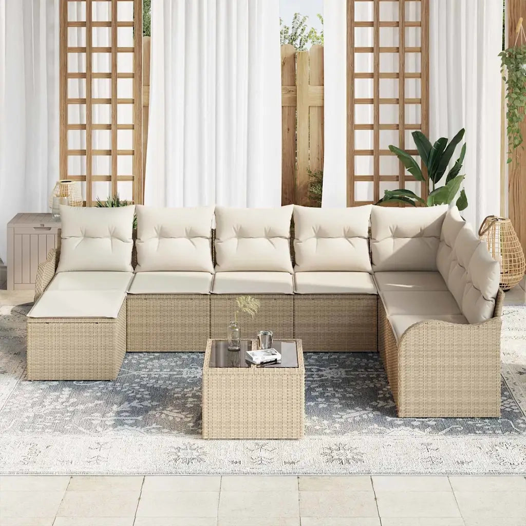 Set Divano da Giardino 9 pcs Beige e bianco Poly Rattan