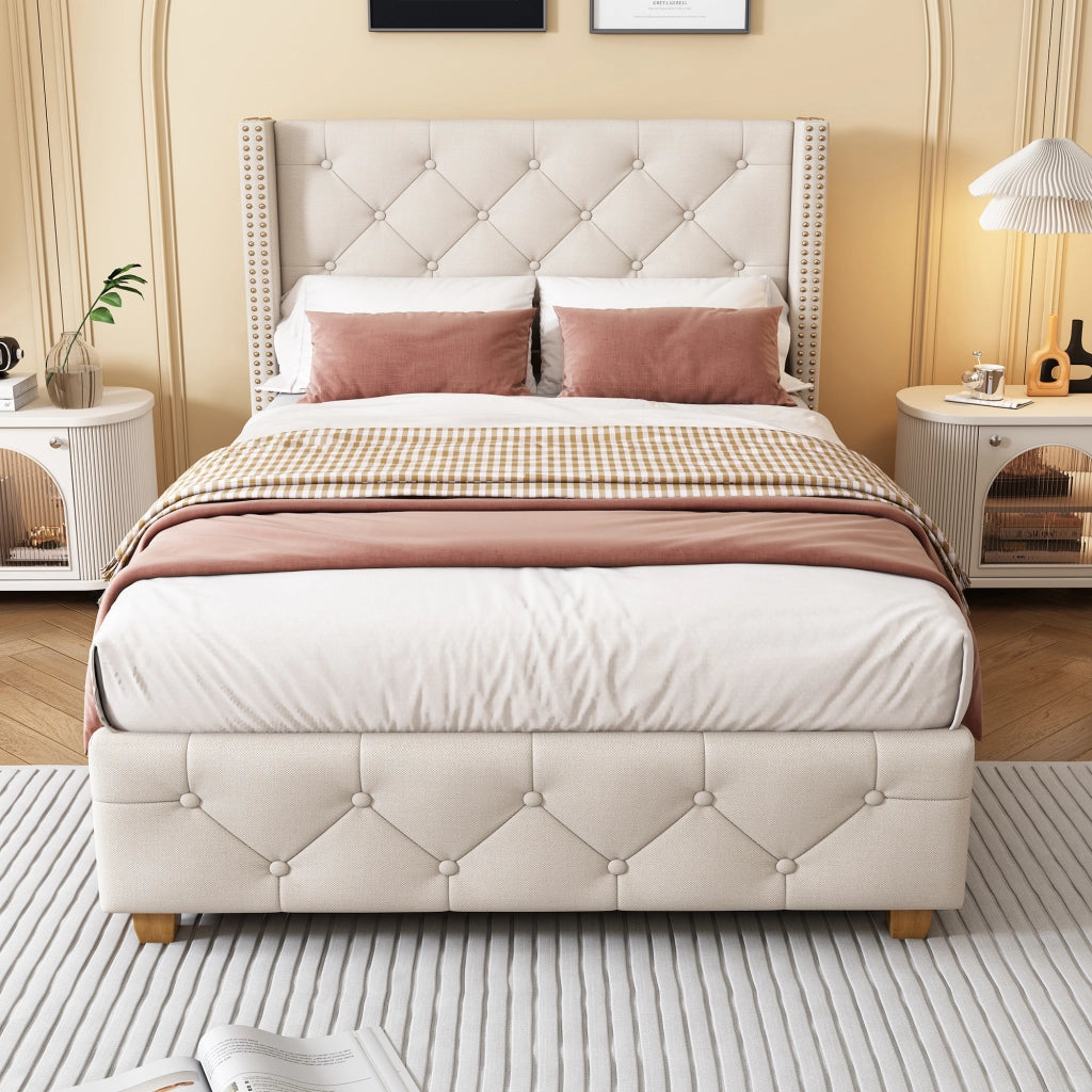 letto imbottito lino beige 100 x 205 cm